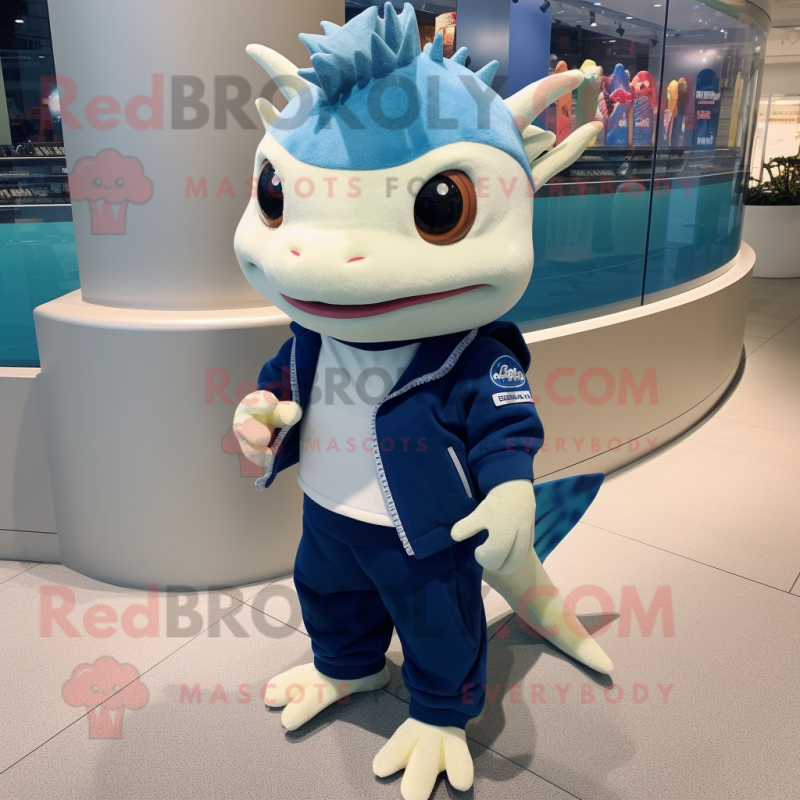 Navy Axolotls mascot costume character dressed with a Sweater and Watches