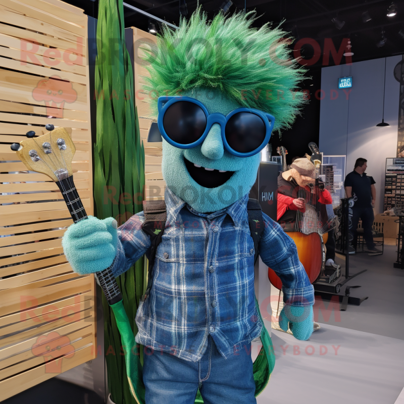 Green Bagpipe mascot costume character dressed with a Denim Shirt and Sunglasses Green Bagpipe mascot costume character dressed with a Denim Shirt and Sunglasses