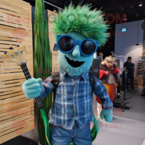 Green Bagpipe mascot costume character dressed with a Denim Shirt and Sunglasses