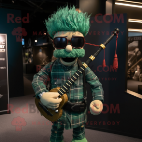 Green Bagpipe mascot costume character dressed with a Denim Shirt and Sunglasses