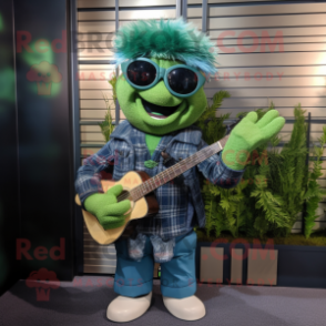 Green Bagpipe mascot costume character dressed with a Denim Shirt and Sunglasses