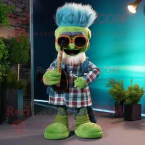 Green Bagpipe mascot costume character dressed with a Denim Shirt and Sunglasses