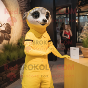 Lemon Yellow Meerkat mascot costume character dressed with a Mini Dress and Watches