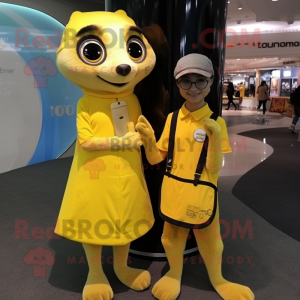 Lemon Yellow Meerkat mascot costume character dressed with a Mini Dress and Watches