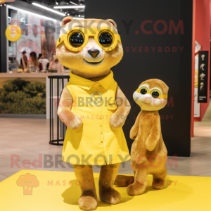Lemon Yellow Meerkat mascot costume character dressed with a Mini Dress and Watches
