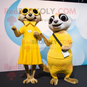 Lemon Yellow Meerkat mascot costume character dressed with a Mini Dress and Watches