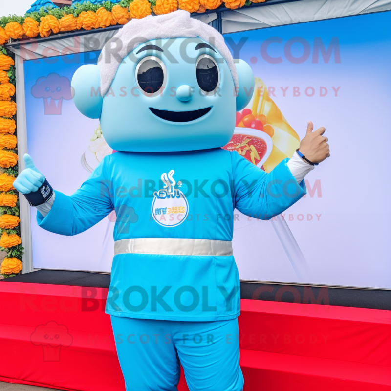 Sky Blue Pad Thai mascot costume character dressed with a Long Sleeve Tee and Smartwatches