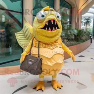 Yellow Piranha mascot costume character dressed with a Sheath Dress and Handbags