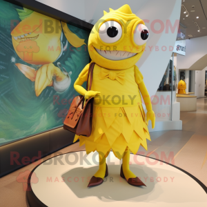 Yellow Piranha mascot costume character dressed with a Sheath Dress and Handbags