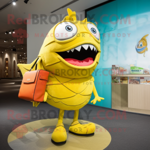 Yellow Piranha mascot costume character dressed with a Sheath Dress and Handbags