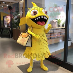 Yellow Piranha mascot costume character dressed with a Sheath Dress and Handbags
