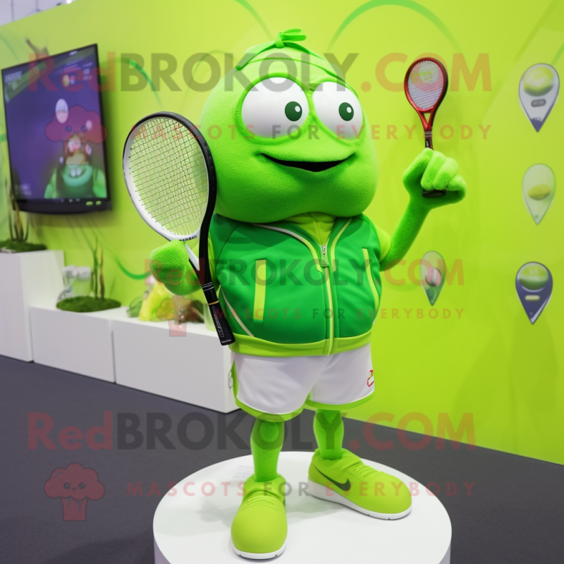 Lime Green Tennis Racket mascot costume character dressed with a Vest and Lapel pins