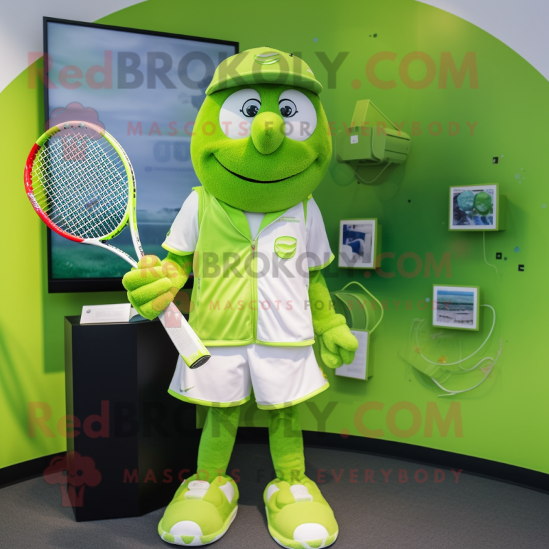 Lime Green Tennis Racket mascot costume character dressed with a Vest and Lapel pins Lime Green Tennis Racket mascot costume character dressed with a Vest and Lapel pins