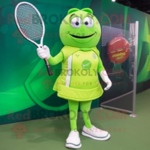 Lime Green Tennis Racket mascot costume character dressed with a Vest and Lapel pins