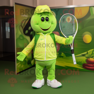 Lime Green Tennis Racket mascot costume character dressed with a Vest and Lapel pins