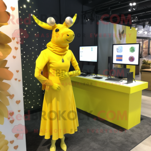 Lemon Yellow Elk mascot costume character dressed with a Wrap Dress and Lapel pins