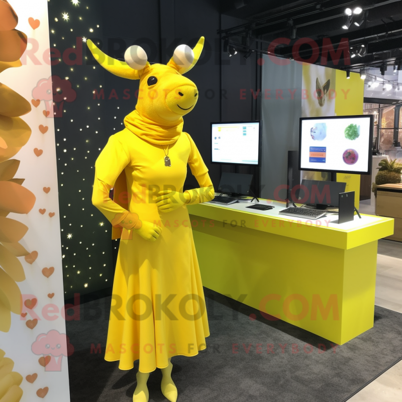 Lemon Yellow Elk mascot costume character dressed with a Wrap Dress and Lapel pins Lemon Yellow Elk mascot costume character dressed with a Wrap Dress and Lapel pins