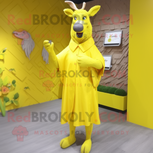 Lemon Yellow Elk mascot costume character dressed with a Wrap Dress and Lapel pins