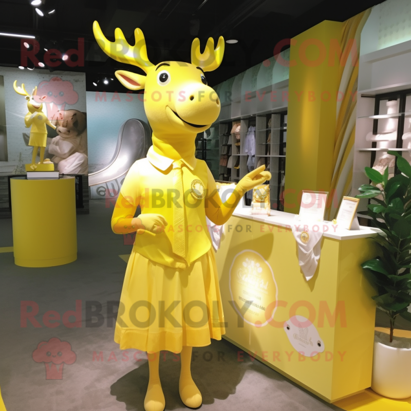 Lemon Yellow Elk mascot costume character dressed with a Wrap Dress and Lapel pins Lemon Yellow Elk mascot costume character dressed with a Wrap Dress and Lapel pins