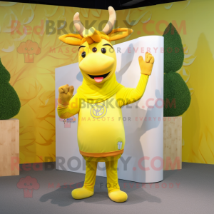 Lemon Yellow Elk mascot costume character dressed with a Wrap Dress and Lapel pins