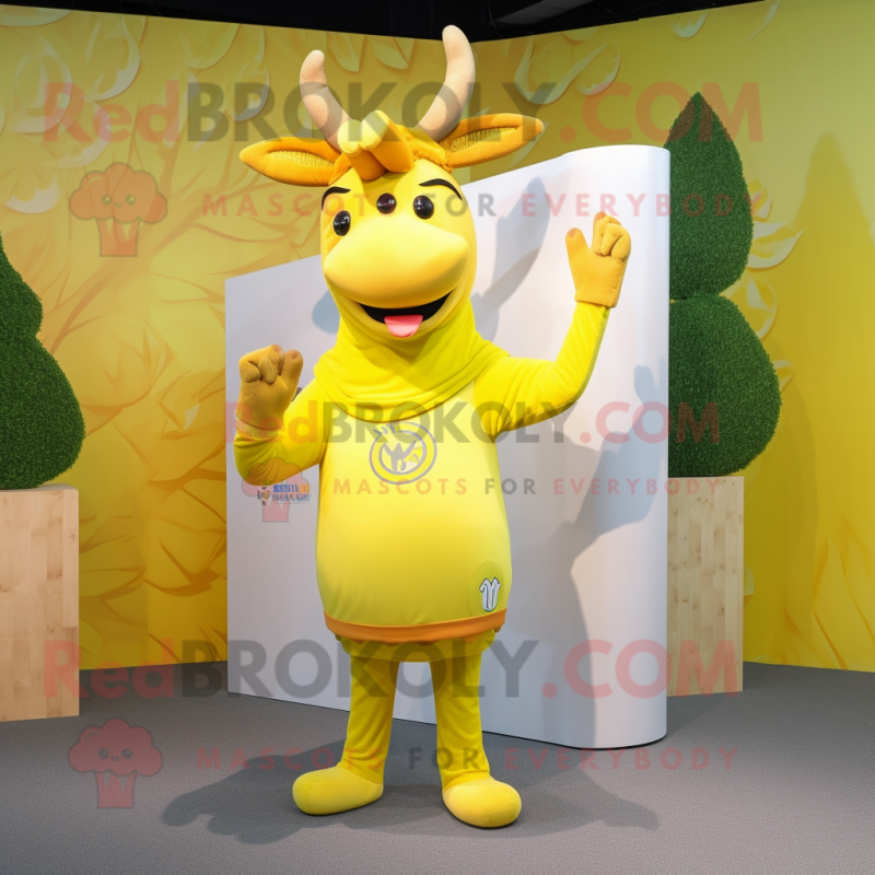Lemon Yellow Elk mascot costume character dressed with a Wrap Dress and Lapel pins Lemon Yellow Elk mascot costume character dressed with a Wrap Dress and Lapel pins