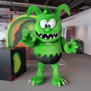 Green Devil mascot costume character dressed with a Cargo Shorts and Wraps