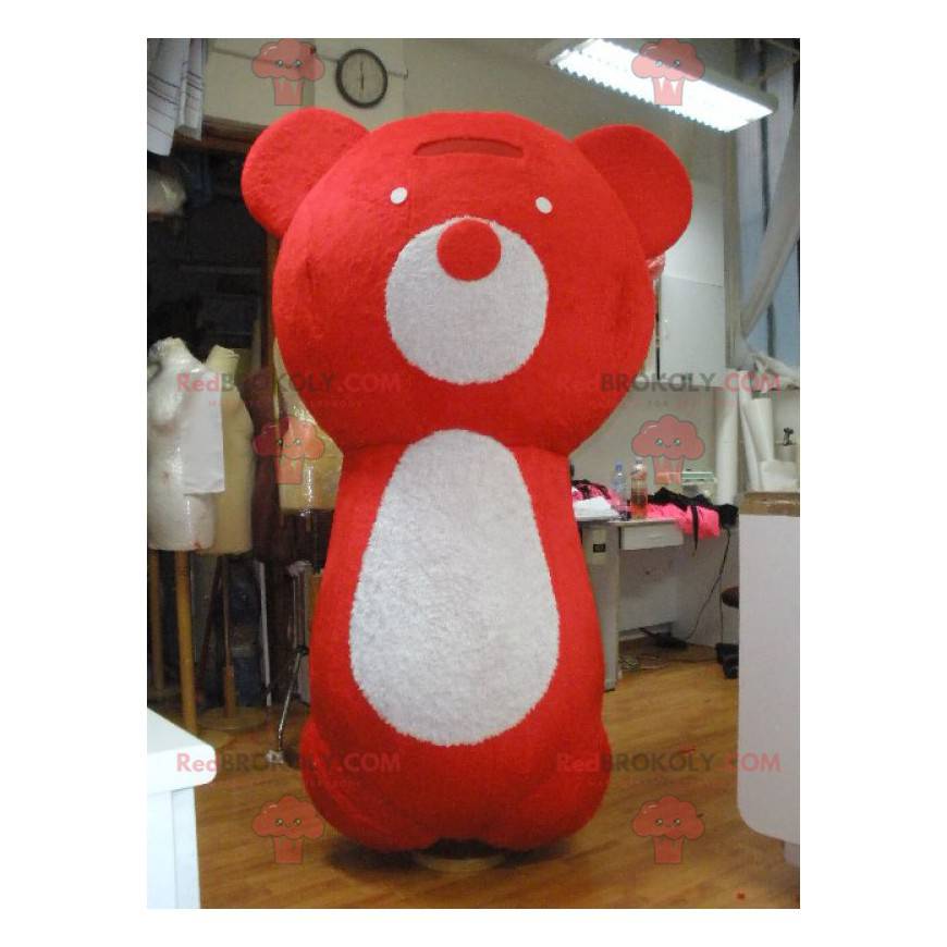 Mascota de oso de peluche rojo y blanco grande - Redbrokoly.com