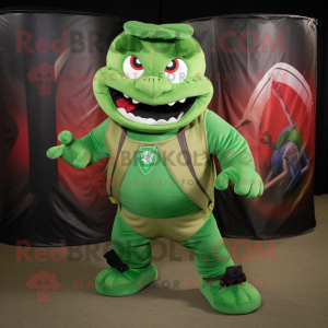 Green Devil mascot costume character dressed with a Cargo Shorts and Wraps