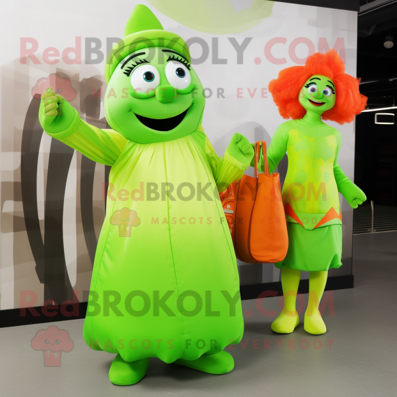 Lime Green Clown Fish mascot costume character dressed with a A-Line Dress and Tote bags