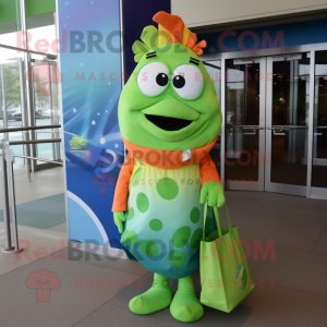 Lime Green Clown Fish mascot costume character dressed with a A-Line Dress and Tote bags