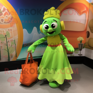 Lime Green Clown Fish mascot costume character dressed with a A-Line Dress and Tote bags