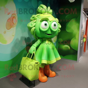 Lime Green Clown Fish mascot costume character dressed with a A-Line Dress and Tote bags