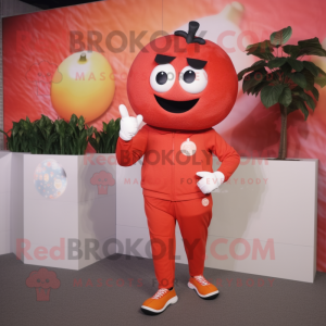 Red Apricot mascot costume character dressed with a Capri Pants and Digital watches