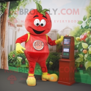 Red Apricot mascot costume character dressed with a Capri Pants and Digital watches