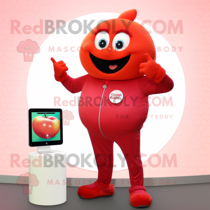 Red Apricot mascot costume character dressed with a Capri Pants and Digital watches