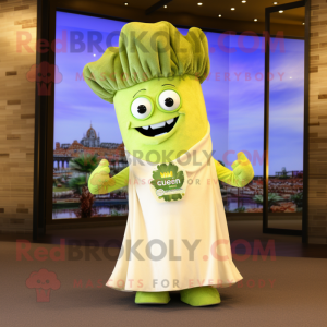 Cream Celery mascot costume character dressed with a Flare Jeans and Shawls