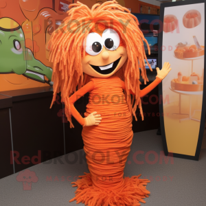 Orange Spaghetti mascot costume character dressed with a Tank Top and Hair clips