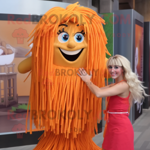 Orange Spaghetti mascot costume character dressed with a Tank Top and Hair clips