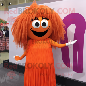 Orange Spaghetti mascot costume character dressed with a Tank Top and Hair clips