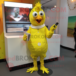 Lemon Yellow Tandoori Chicken mascot costume character dressed with a Joggers and Smartwatches