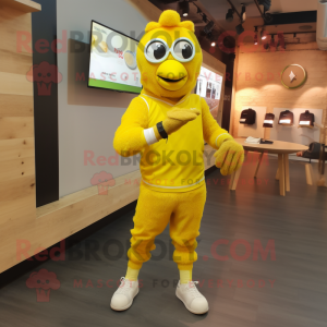 Lemon Yellow Tandoori Chicken mascot costume character dressed with a Joggers and Smartwatches