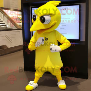 Lemon Yellow Tandoori Chicken mascot costume character dressed with a Joggers and Smartwatches