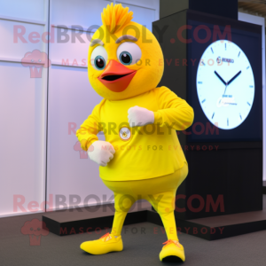 Lemon Yellow Tandoori Chicken mascot costume character dressed with a Joggers and Smartwatches