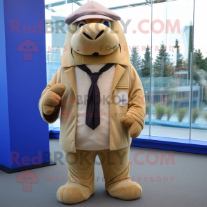 Beige Walrus mascot costume character dressed with a Blazer and Beanies