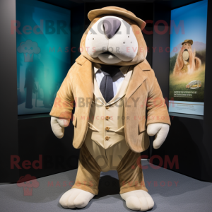 Beige Walrus mascot costume character dressed with a Blazer and Beanies