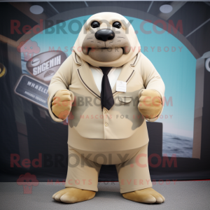 Beige Walrus mascot costume character dressed with a Blazer and Beanies