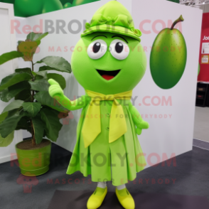 Lime Green Cherry mascot costume character dressed with a Dress Shirt and Scarves