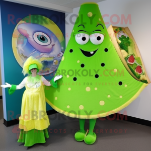 Lime Green Pizza Slice mascot costume character dressed with a Dress and Brooches