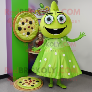 Lime Green Pizza Slice mascot costume character dressed with a Dress and Brooches