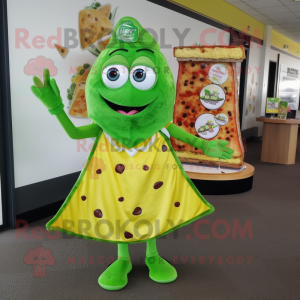 Lime Green Pizza Slice mascot costume character dressed with a Dress and Brooches